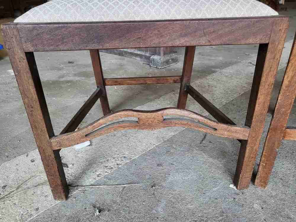 Four antique Georgian ribbon back dining chairs square legs