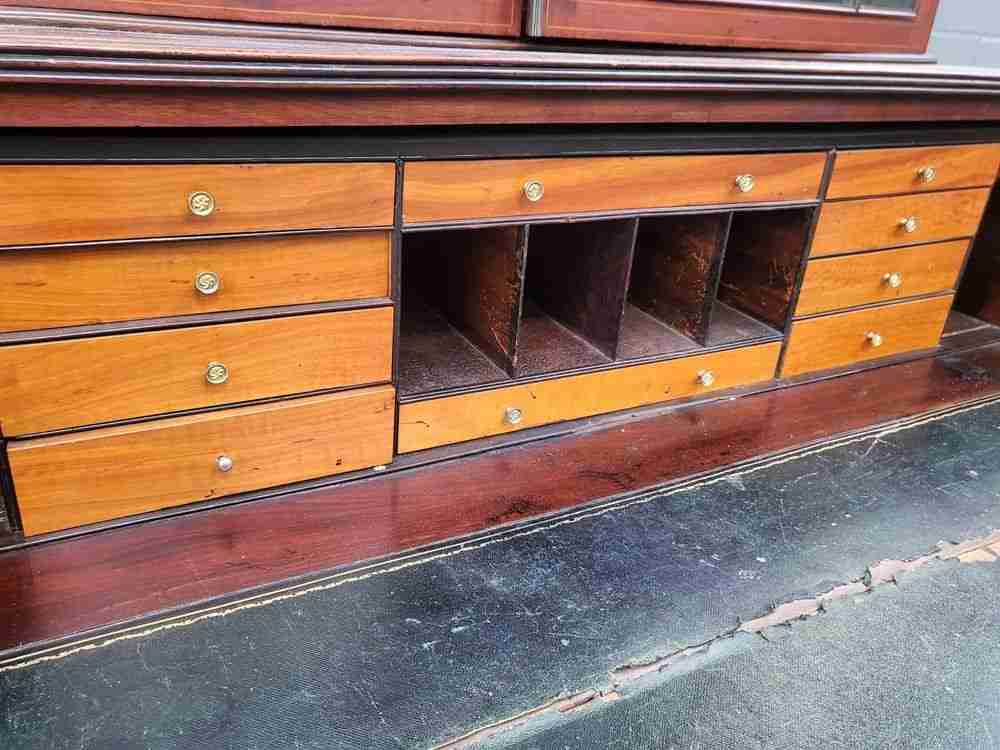 Antique Georgian inlaid mahogany large secretaire bookcase splayed legs drawers