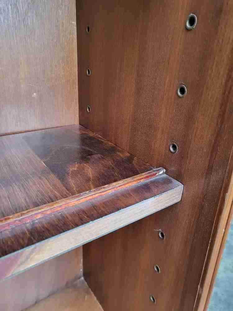 Vintage 20thC 1970's walnut low bookcase cabinet shelves glass doors