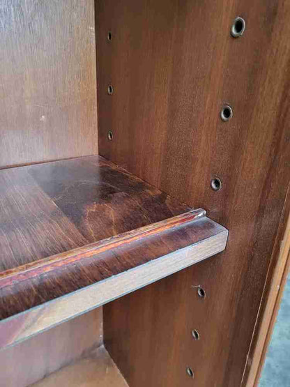 Vintage 20thC 1970's walnut low bookcase cabinet shelves glass doors