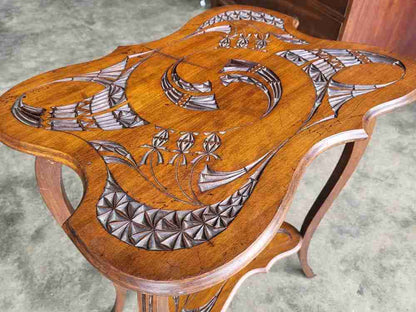 Antique Edwardian serpentine  carved 2 tier  side end lamp table cabriole legs