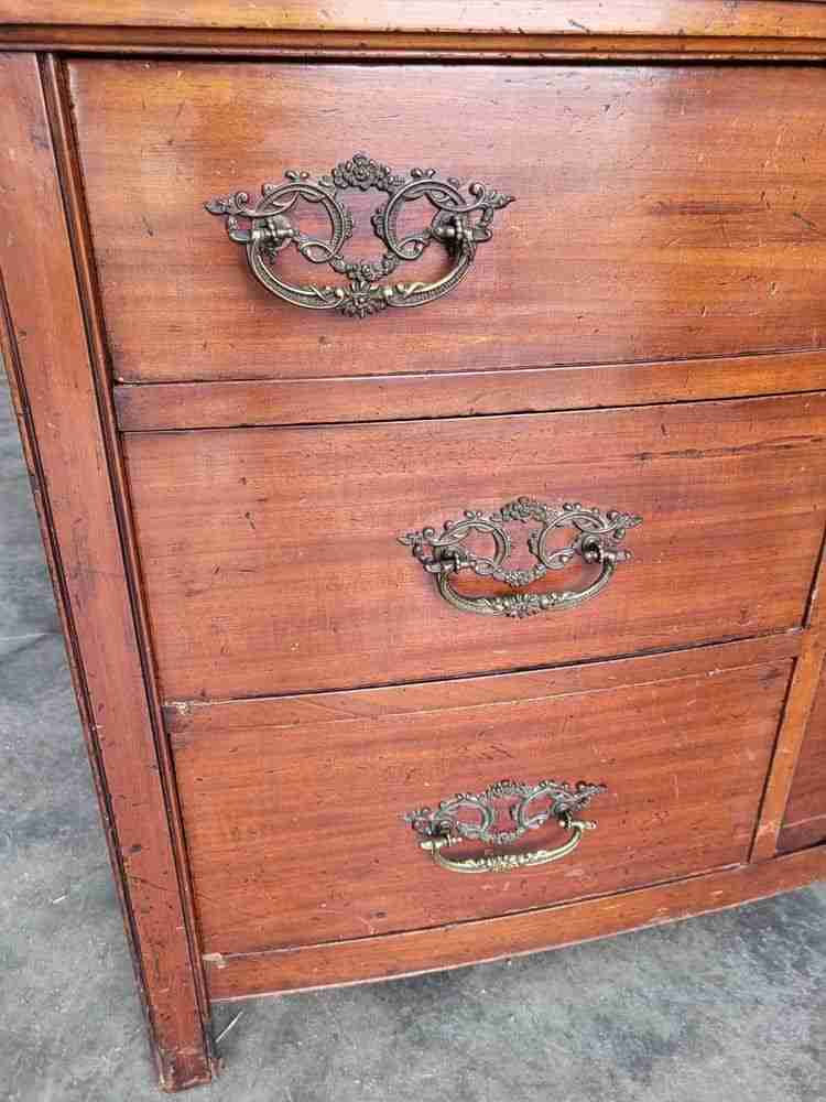 Antique Edwardian low bow front small chest of drawers with cupboard