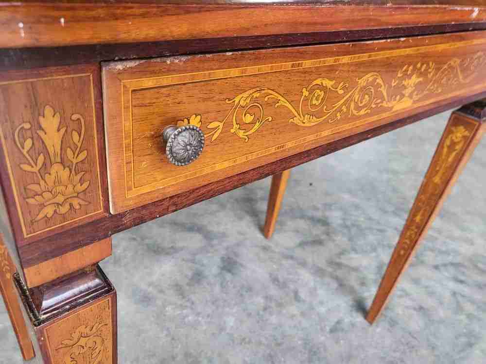 Sheraton revival antique inlaid writing desk drawer table