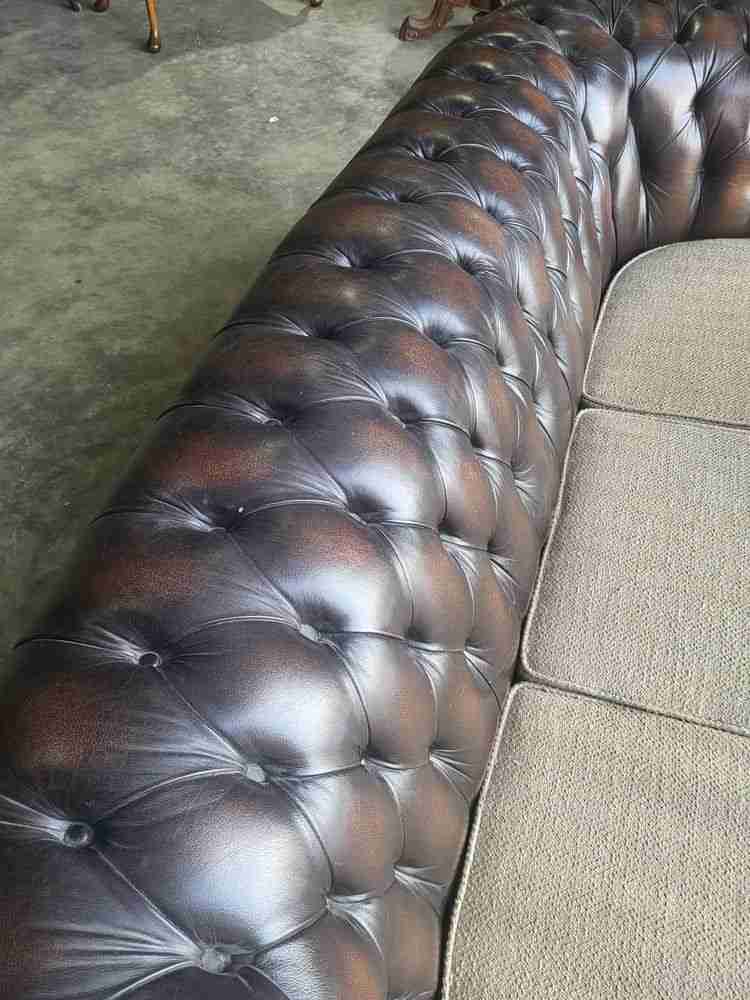 Antique repro button back 3 seat brown leather Chesterfield  sofa
