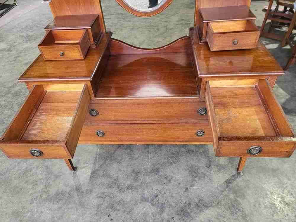 Antique Edwardian inlaid dressing table drawers oval mirror