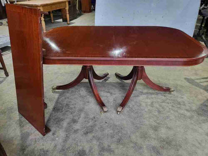 Antique repro mahogany twin pedestal extending D end dining table