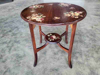Vintage 20thC round oak 2 tier floral side end occasional table