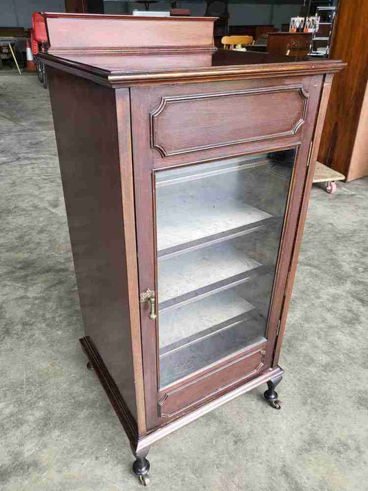 Antique Edwardian glazed music cabinet bookcase cabriole legs castors shelves