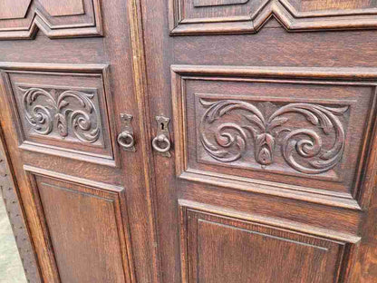 Antique dark oak panelled carved 2 x door wardrobe