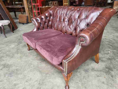 Antique repro button back leather 2 seat high back sofa cabriole legs