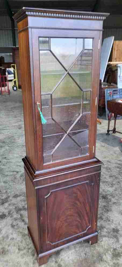 Antique mahogany repro tall slim glazed bookcase cabinet shelves