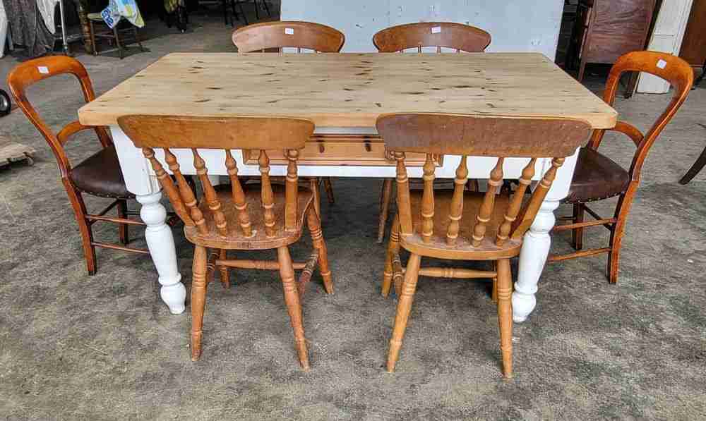 20thC pine  kitchen dining table white legs drawer seat 6