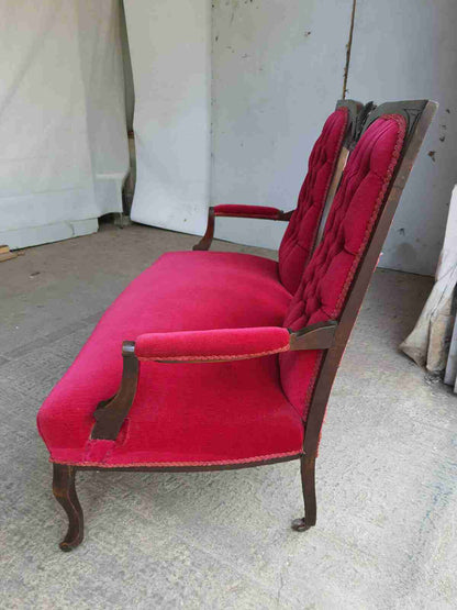 antique art nouveau 2 seat wood frame mahogany sofa cabriole legs castors settee
