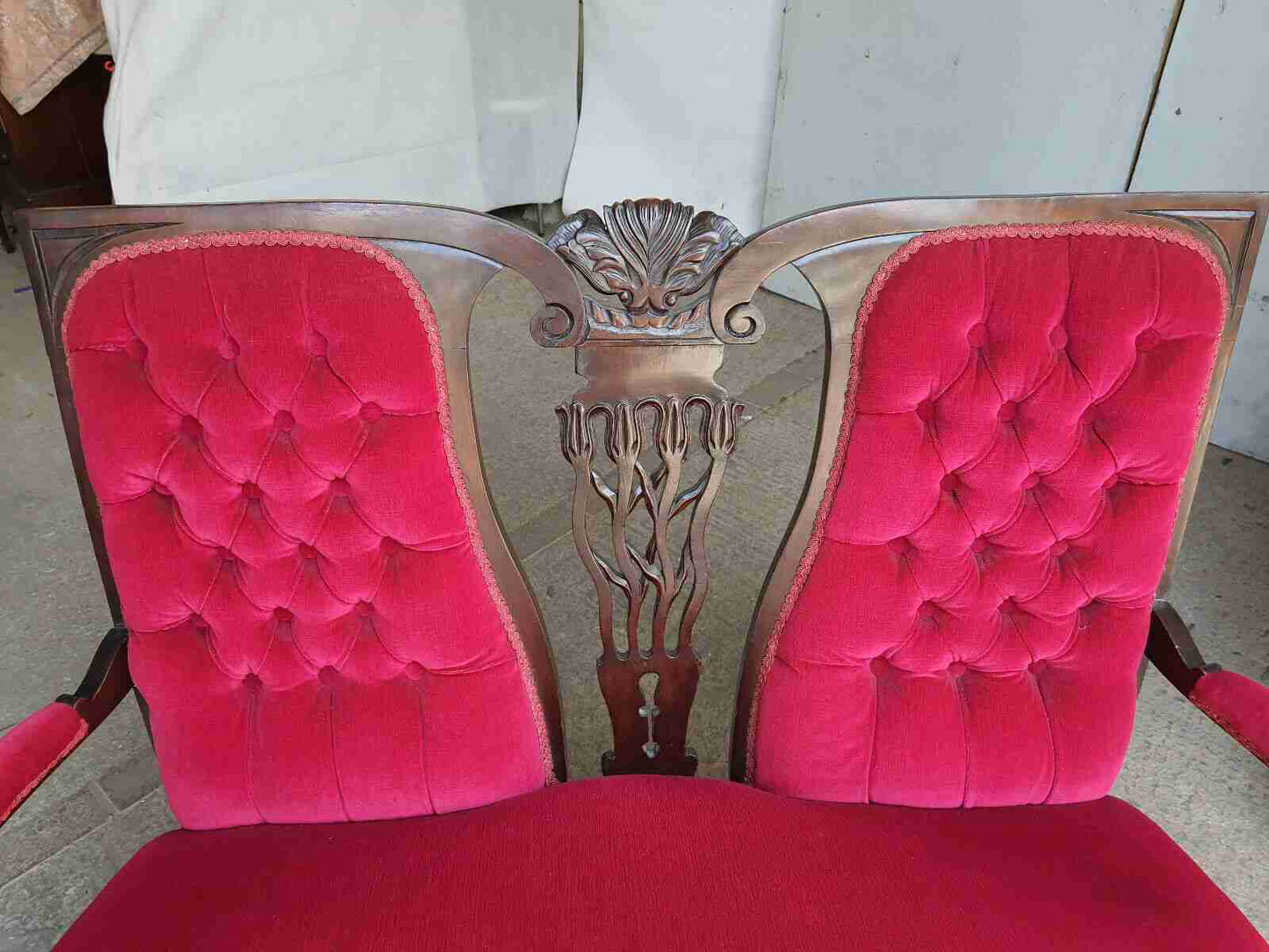 antique art nouveau 2 seat wood frame mahogany sofa cabriole legs castors settee