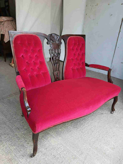antique art nouveau 2 seat wood frame mahogany sofa cabriole legs castors settee