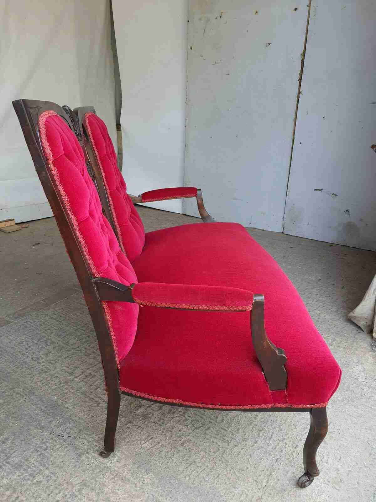 antique art nouveau 2 seat wood frame mahogany sofa cabriole legs castors settee
