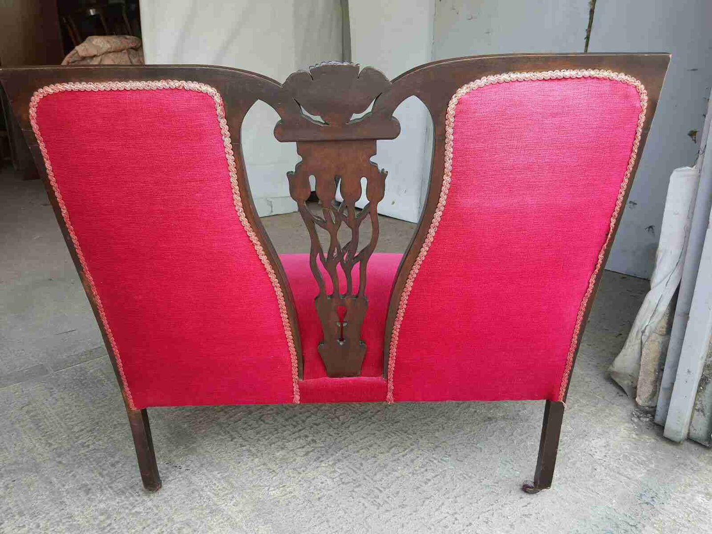 antique art nouveau 2 seat wood frame mahogany sofa cabriole legs castors settee