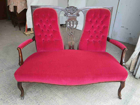 antique art nouveau 2 seat wood frame mahogany sofa cabriole legs castors settee