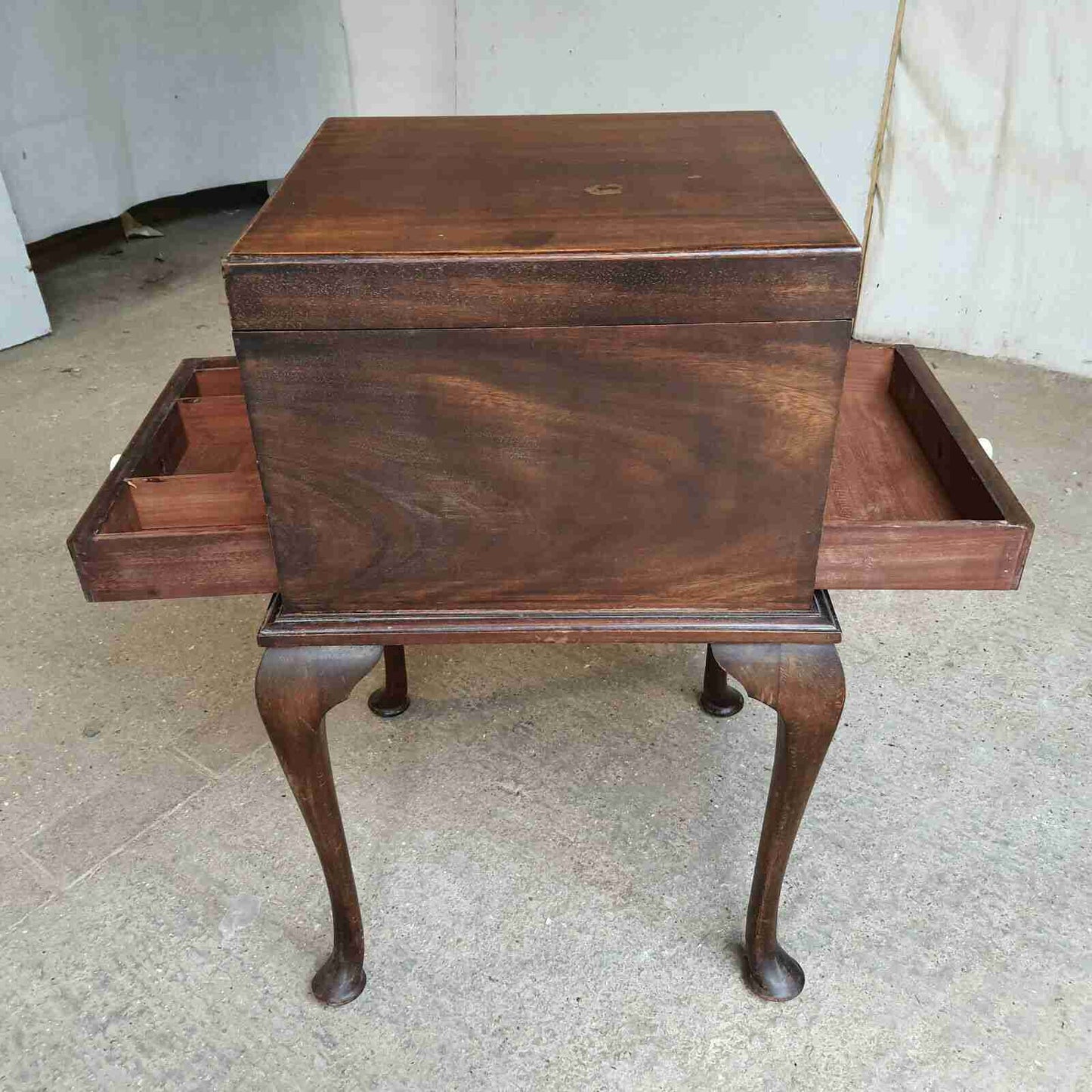 antique edwardian square mahogany sewing box side end table cabriole legs drawer