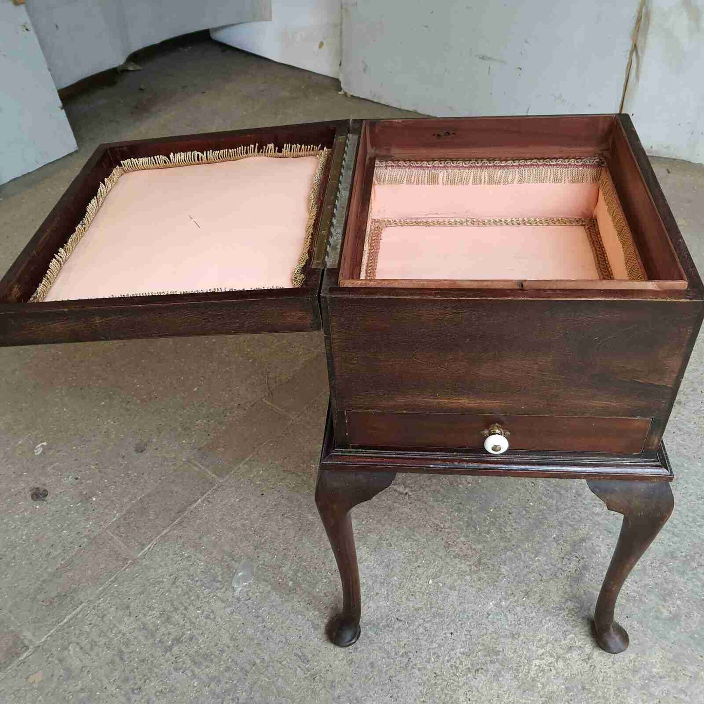 antique edwardian square mahogany sewing box side end table cabriole legs drawer