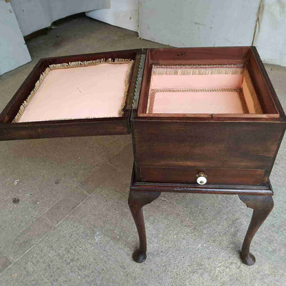 antique edwardian square mahogany sewing box side end table cabriole legs drawer