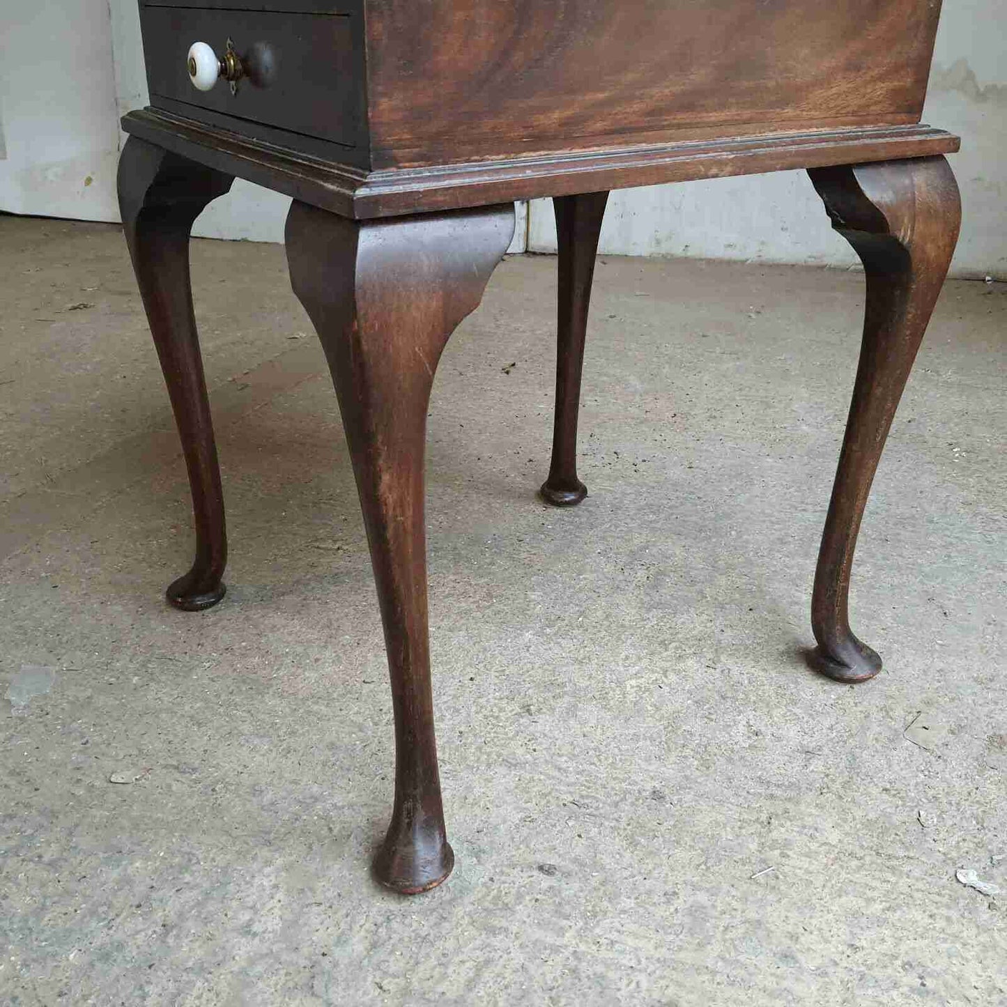 antique edwardian square mahogany sewing box side end table cabriole legs drawer