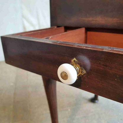 antique edwardian square mahogany sewing box side end table cabriole legs drawer