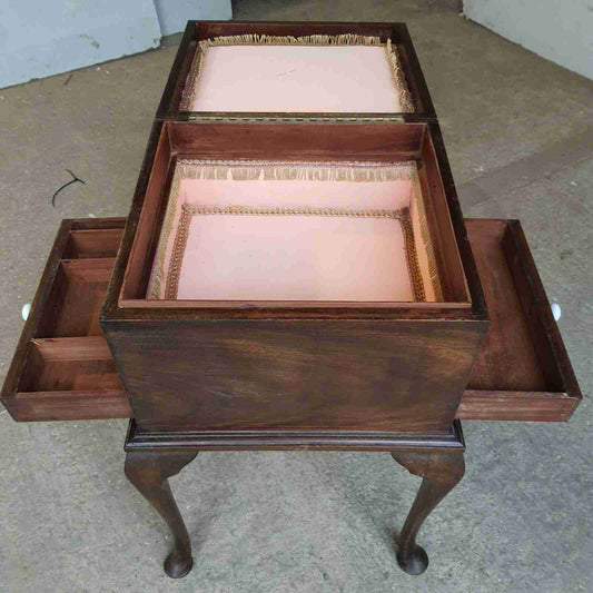 antique edwardian square mahogany sewing box side end table cabriole legs drawer