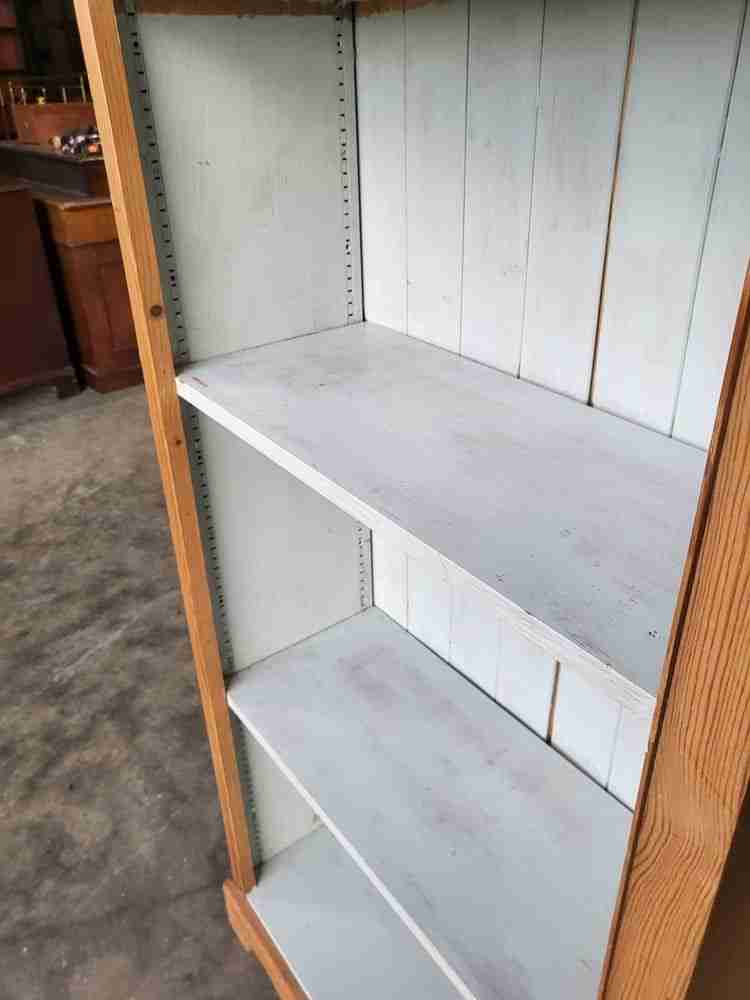 20thC pine tall slim open bookcase painted interior shelves