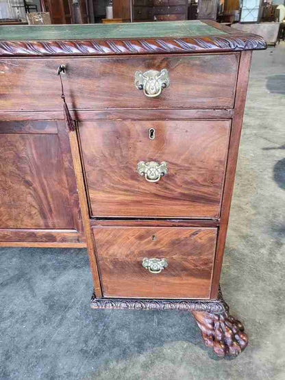Antique Victorian knee hole writing desk claw feet leather top cupboard