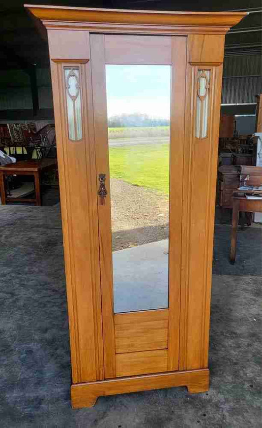 Antique art nouveau walnut single wardrobe mirrored door