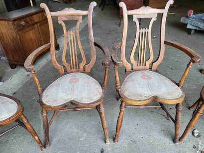 Six antique Lyre back dining chairs heart shaped seats turned legs