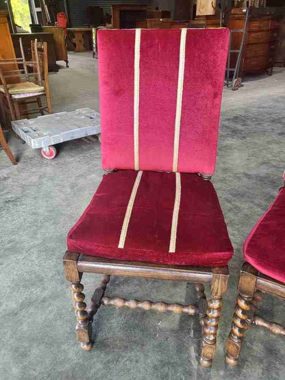 4 vintage 20thC oak barley twist bergere dining chairs padded