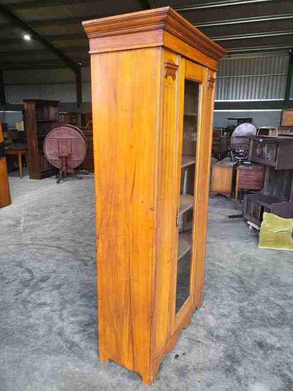 Antique Edwardian tall slim walnut glazed linen press cupboard bookcase
