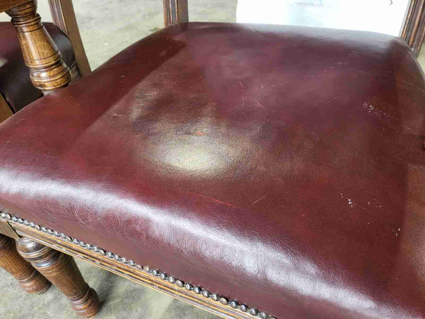 Pair two his &amp; hers antique leather Oak high back arm chairs office