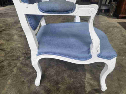 Antique repro French painted arm chair cabriole legs blue fabric  footstool