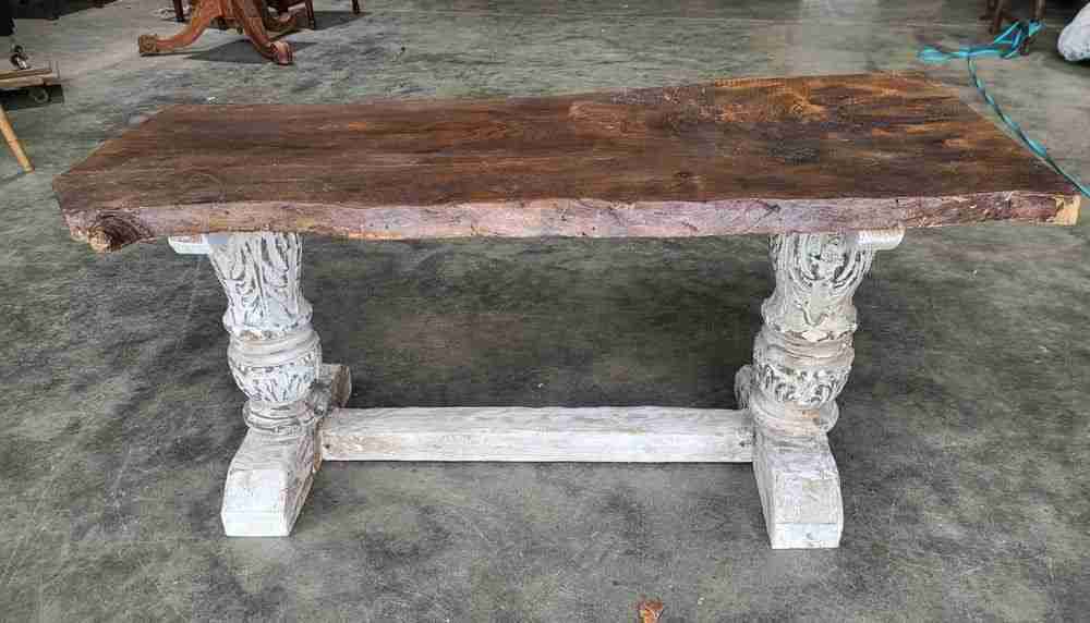 Antique repro natural elm bench carved painted legs seat