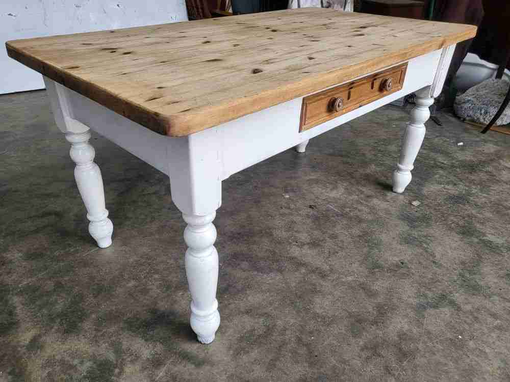 20thC pine  kitchen dining table white legs drawer seat 6