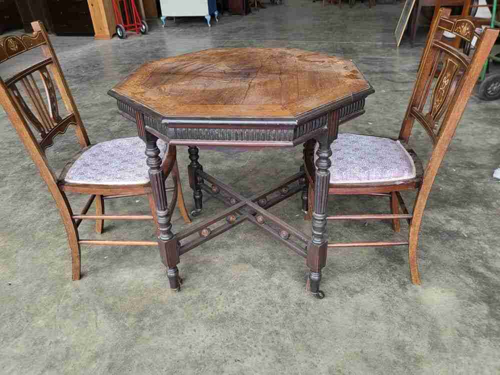 Antique inlaid octagonal occasional dining side table seat 4
