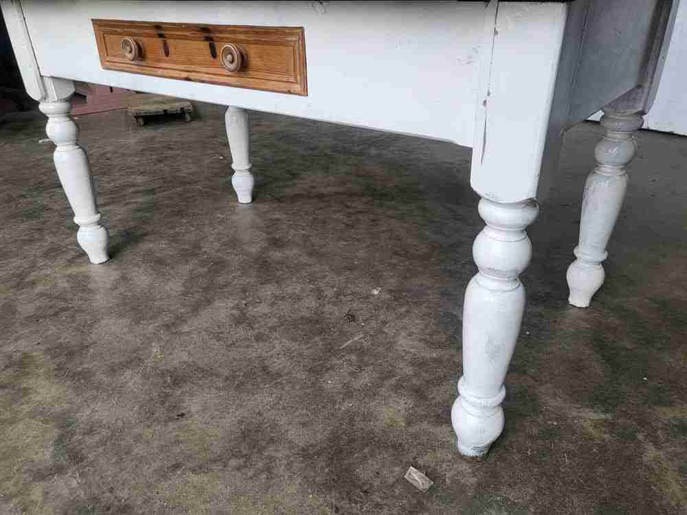 20thC pine  kitchen dining table white legs drawer seat 6