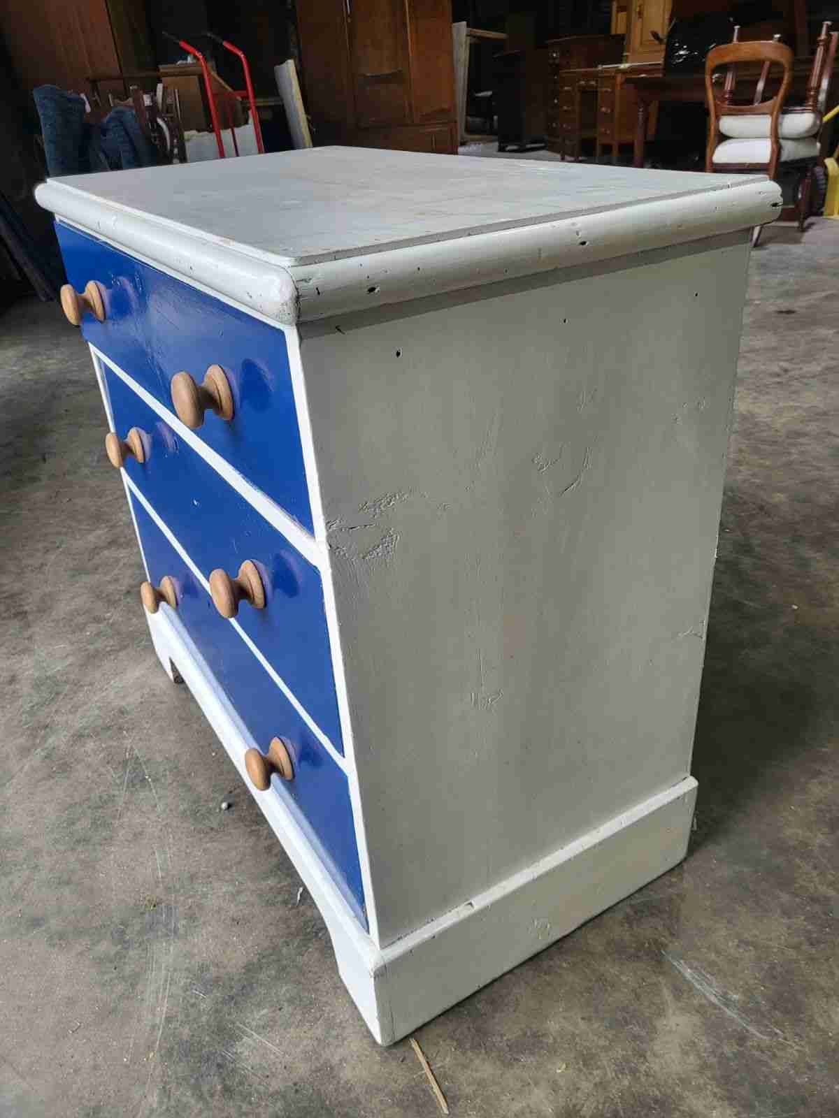Vintage 20thC small low painted chest of drawers white blue 3 drawers