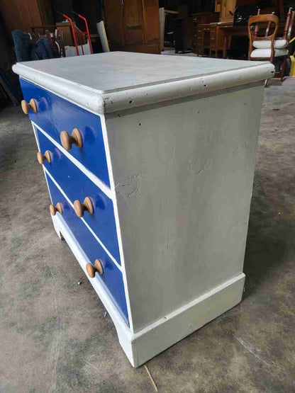 Vintage 20thC small low painted chest of drawers white blue 3 drawers