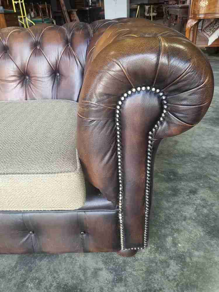 Antique repro button back 3 seat  brown leather Chesterfield  sofa