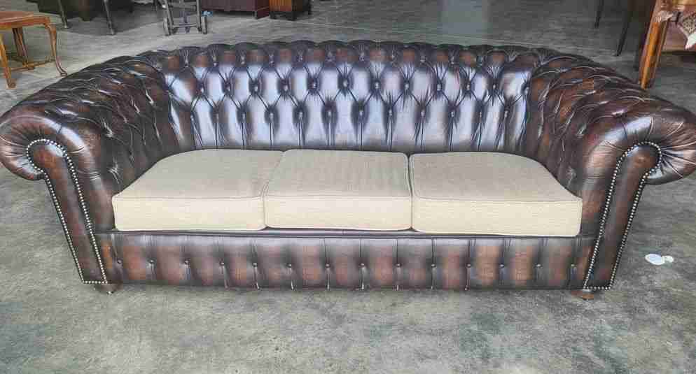 Antique repro button back 3 seat brown leather Chesterfield  sofa