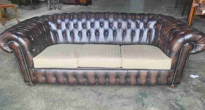 Antique repro button back 3 seat brown leather Chesterfield  sofa