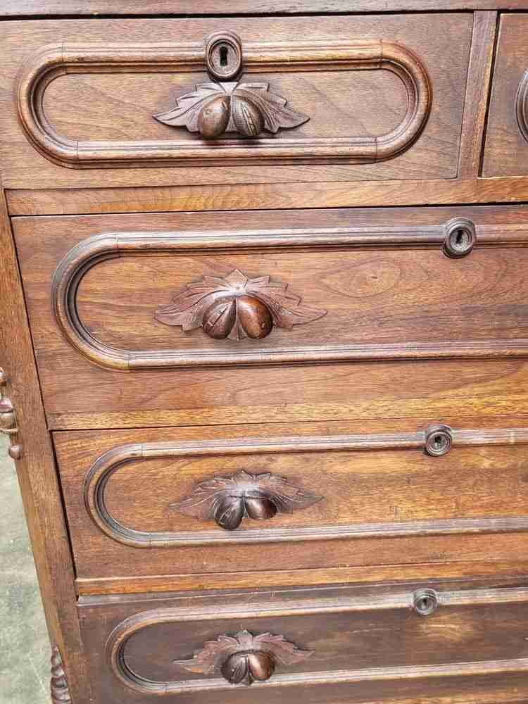 Antique 2 over 3 chest of drawers carved fruit handles