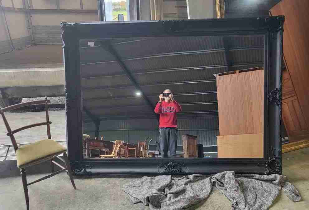 Very large antique repro black mirror 7' x 5' freestanding dressing wall