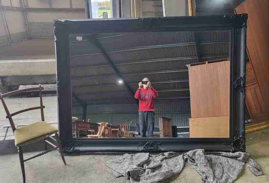 Very large antique repro black mirror 7' x 5' freestanding dressing wall