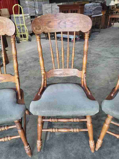 20thC 4 continental high back carved kitchen country dining chairs fabric seats