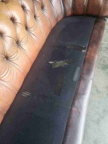 Antique repro button back 3 seat  brown leather Chesterfield  sofa